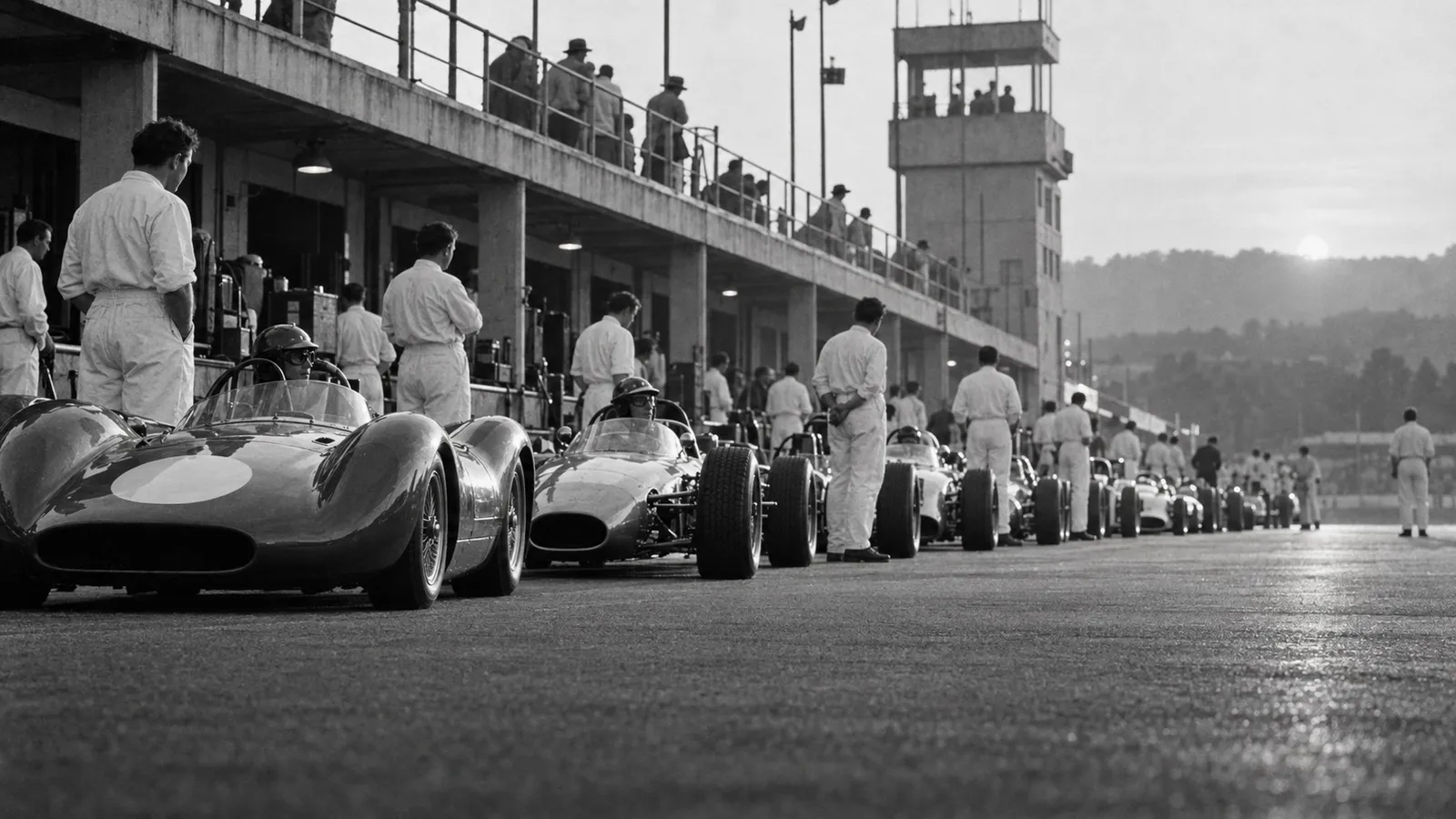 Sportwagen der 1960er-Jahre aufgereiht vor der Boxengasse, Mechaniker in weißen Overalls