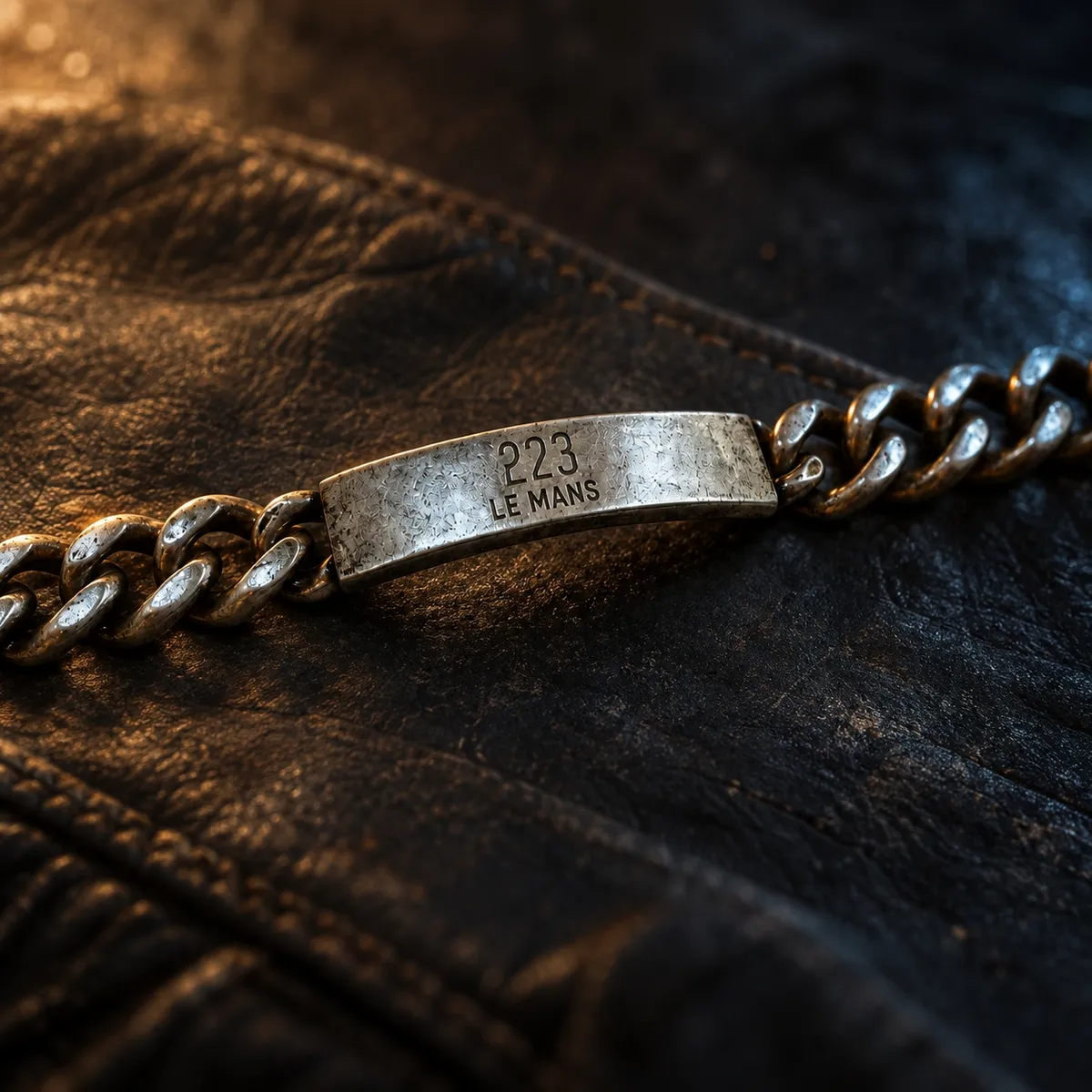 223 LE MANS – graviertes, patiniertes Edelstahl-Armband auf abgenutztem Rennleder, Gestaltungsentwurf