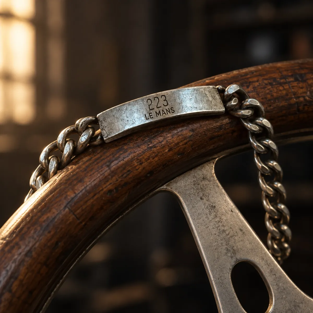 223 LE MANS – Armband über dem Kranz eines alten Holz-Rennlenkrads, Gestaltungsentwurf