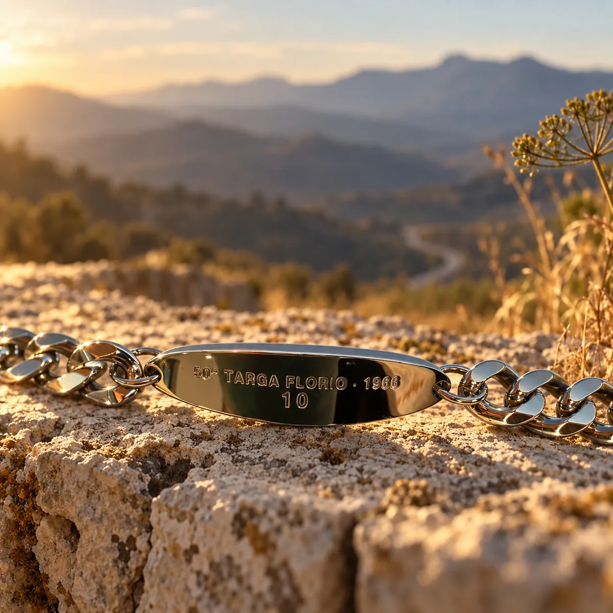 Armband 50° TARGA FLORIO · 1966 auf einer sonnenwarmen Trockenmauer über einer sizilianischen Bergstraße bei Sonnenuntergang