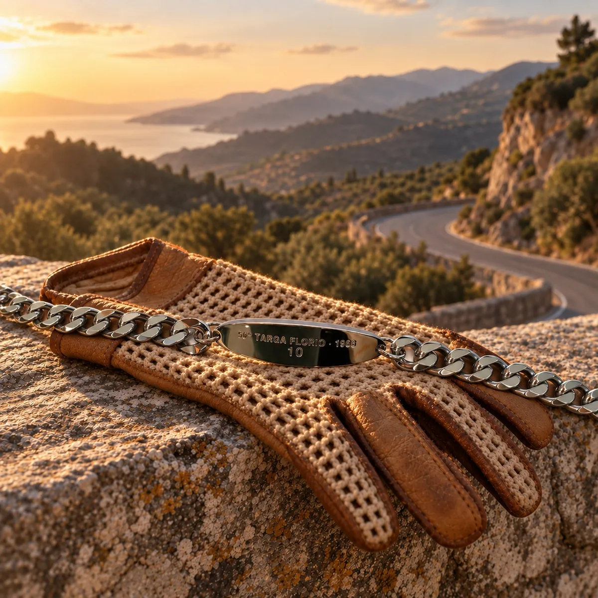 Armband 50° TARGA FLORIO · 1966 auf einem alten Rennhandschuh, auf einer Steinbrüstung über einer Kehre