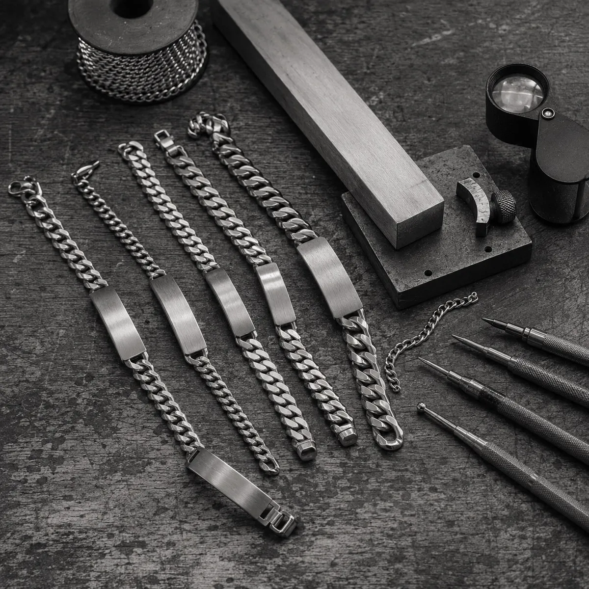 Atelier-Werkbank mit Werkzeug und Armband-Skizzen
